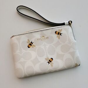 Coach White and Gold Bee Print Wristlet